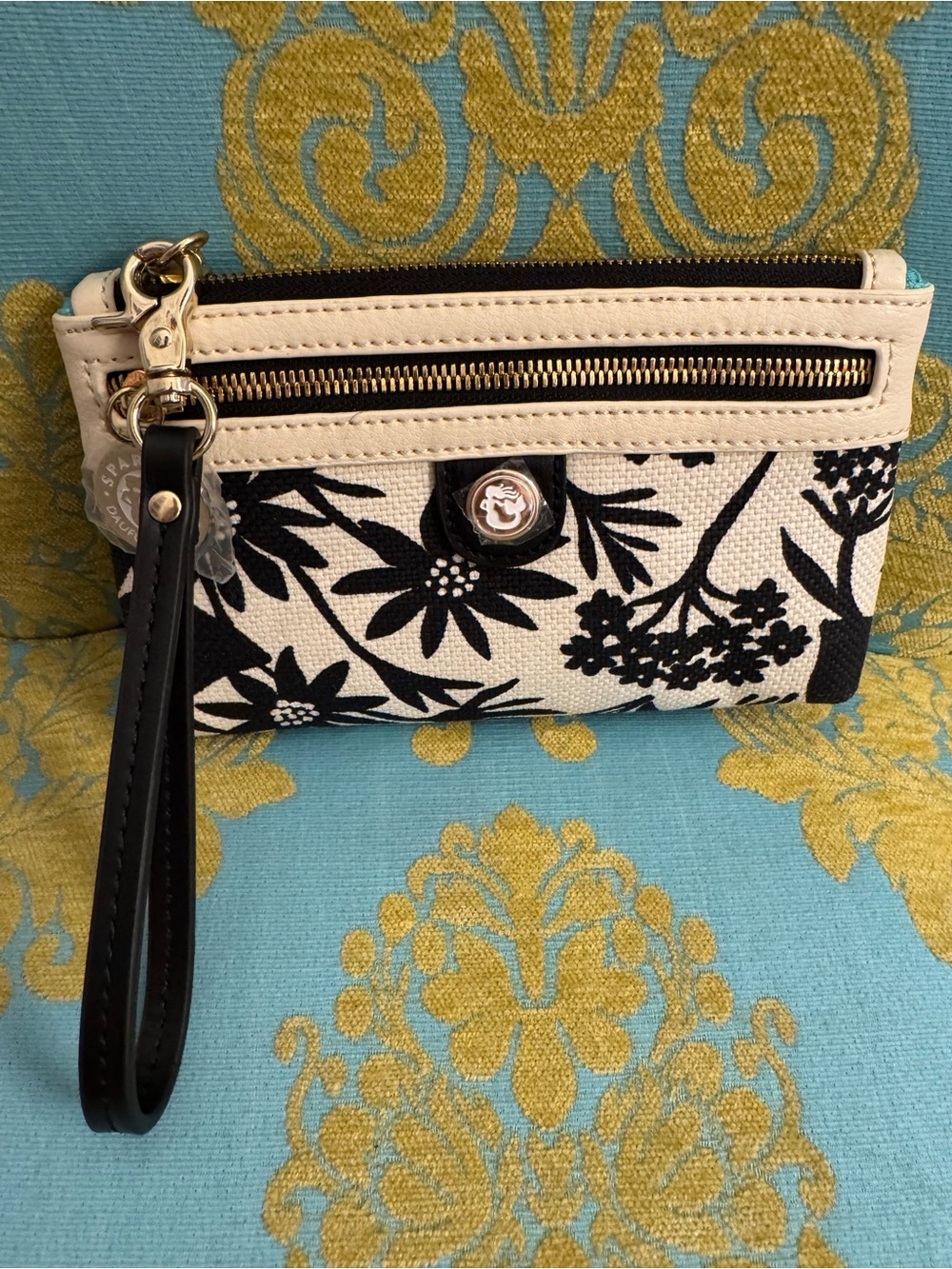 NEW Spartina 449 Black and Cream Floral Wristlet Clutch